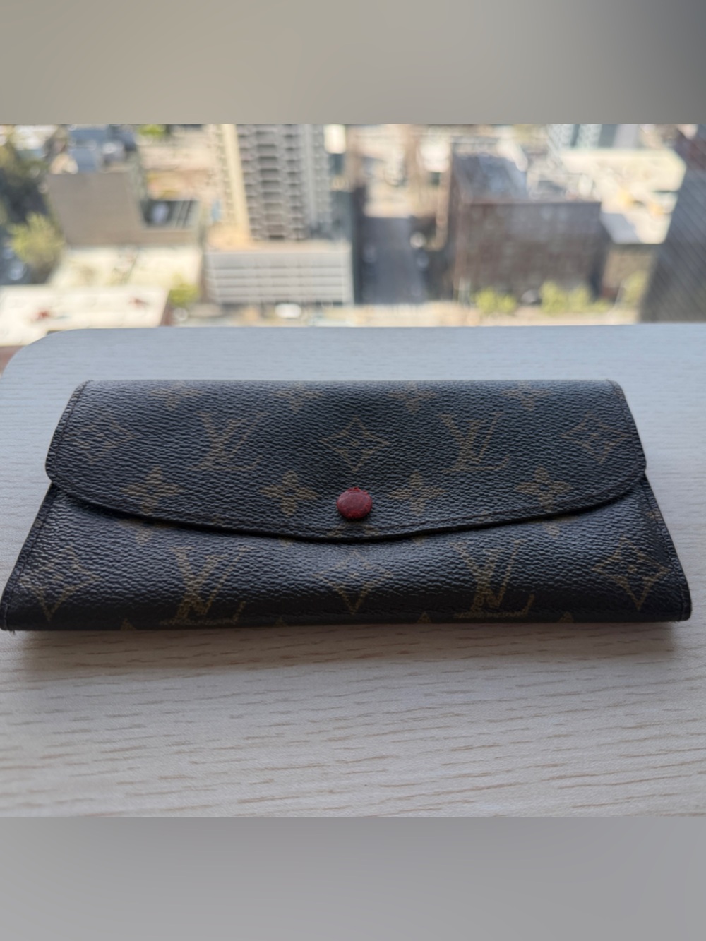 Louis Vuitton Brown Monogram Emilie Wallet with Red Snap
